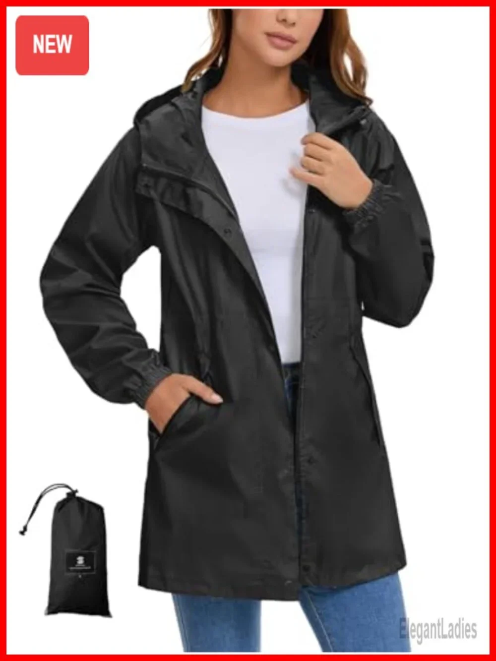 Lightweight Packable Long Rain Jacket Hooded Waterproof Trench Coat Outdoor